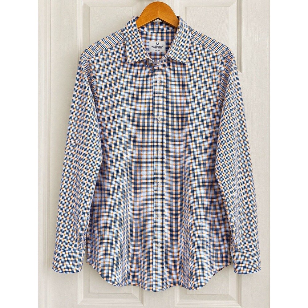 Mizzen+Main Men's L Trim Fit Blue/White/Gold Plaid Stretch Dress Shirt